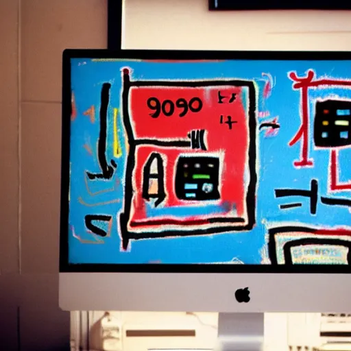 Image similar to a computer monitor from the 9 0 s the style of jean - michel basquiat