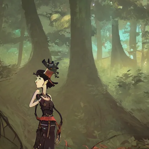 Image similar to concept art painting of an anthropomorphic crow person with steampunk clothes, in the deep forest, realistic, detailed, cel shaded, in the style of makoto shinkai and greg rutkowski and james gurney