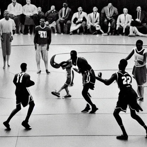 Prompt: a group of men playing a game of basketball, by frank mason, dribble contest winner, dada, associated press photo, dynamic pose