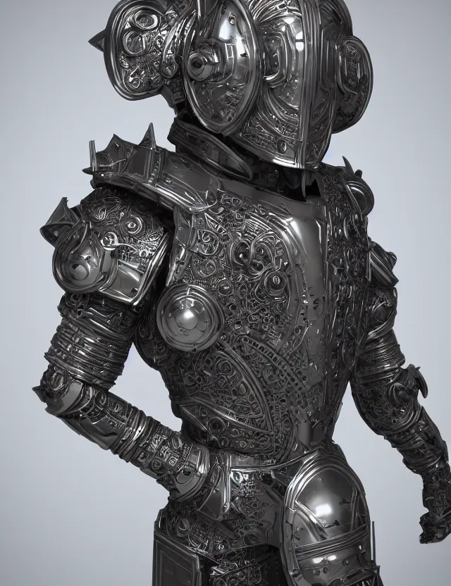 Image similar to full body shot, digital realistic 3 d rendering of a futuristic retro spacepunk intricate armor holy paladin with light powers and intricate head armor, highly detailed, 4 k, hdr, smooth, sharp focus, high resolution, award - winning photo., corona render, substance painter hyper detailed armor. trending on art statation