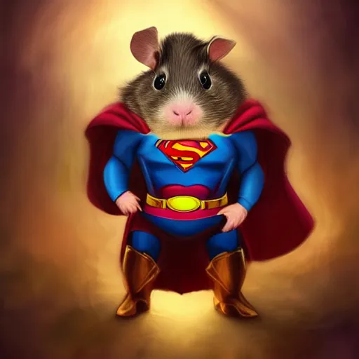 Image similar to cute little anthropomorphic Guinea Pig, dressed as Superman ultra wide lens shot , tiny, small, short, cute and adorable, pretty, beautiful, DnD character art portrait, matte fantasy painting, DeviantArt Artstation, by Jason Felix by Steve Argyle by Tyler Jacobson by Peter Mohrbacher, cinematic lighting