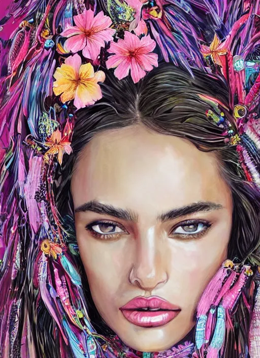 Image similar to beautiful VICTORIA'S SECRET portrait of Irina Shayk wearing fantastic Hand-dyed cotton dress,embellished beaded feather decorative fringe knots ,colorful pigtail,subtropical flowers and plants,symmetrical face,intricate,elegant,highly detailed,8k,post-processing,digital painting,trending on pinterest,harper's bazaar,concept art, sharp focus, illustration, by artgerm,Tom Bagshaw,Lawrence Alma-Tadema,greg rutkowski,alphonse Mucha