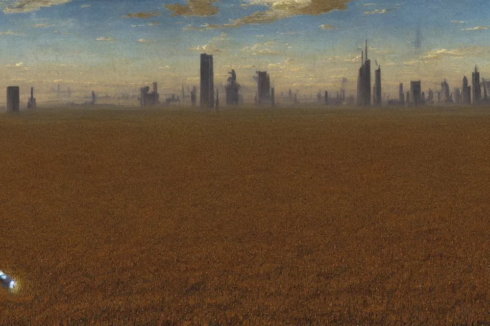 Image similar to sci-fi painting of a large alien city on the vast wheat fields, the closed back view of one humanoid robot on the ground, by Albert Bierstadt, godrays, detailed