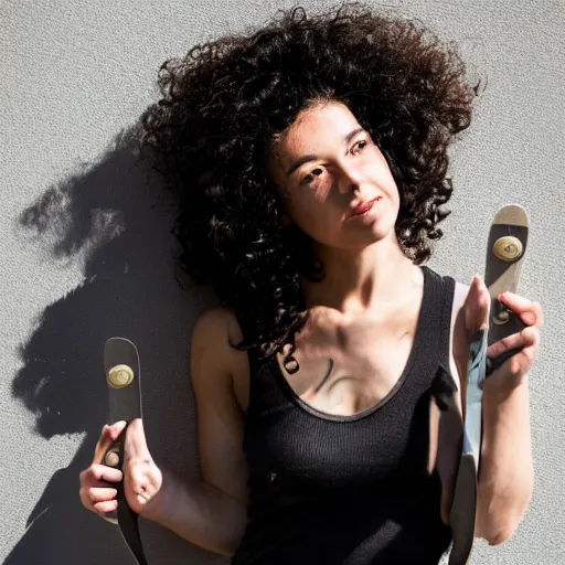 Prompt: a girl with curly black hair holding a skateboard, Backlighting