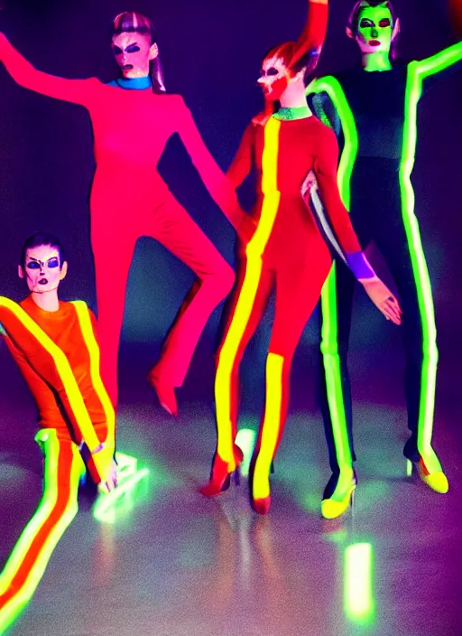 Image similar to david bowie music clip with dancers dressed by sonia delaunay clothing, neon lights, photorealistic, eastman kodak