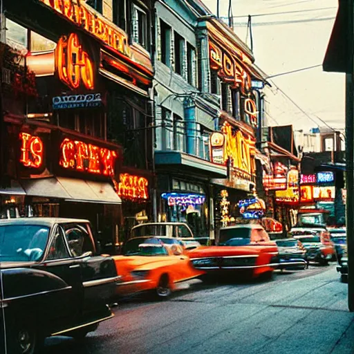 Image similar to award winning photo by fred herzog of a street in vancouver, shops, signs