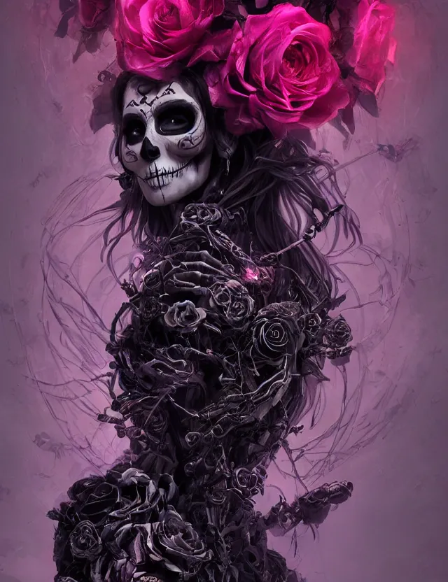 Image similar to a chaotic goddess of death skeleton as a heroine, intricate, elegant skull black rose s day of the dead atmospheric, dramatic, Trending on artstation. augmentations and cybernetic enhancements neon circuits, greg rutkowski , hyperrealist, cinema4D, 8k highly detailed