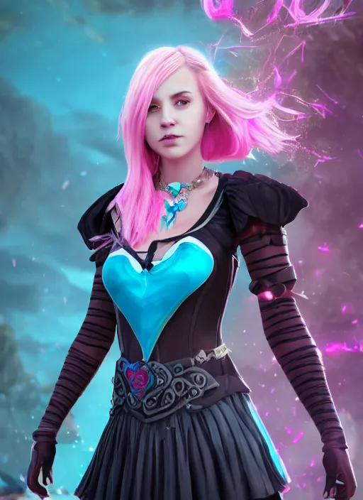 Image similar to An epic fantasy comic book style portrait painting of a young women, with pink hair, short black skirt, black leggings, blue shoes, cyan corset, with a cyan heart necklace. Unreal 5, DAZ, hyperrealistic, octane render, cosplay, RPG portrait, dynamic lighting