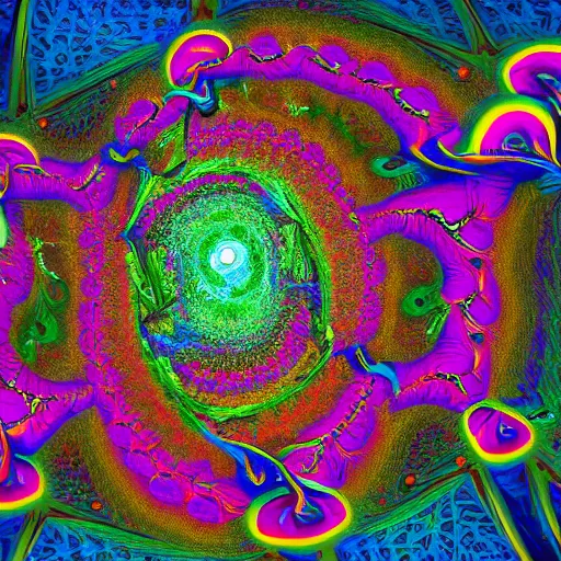 Prompt: an organic fractal construction made of psychedelic LSD DMT open eye visuals, Shpongle, unreal engine cinema4ad