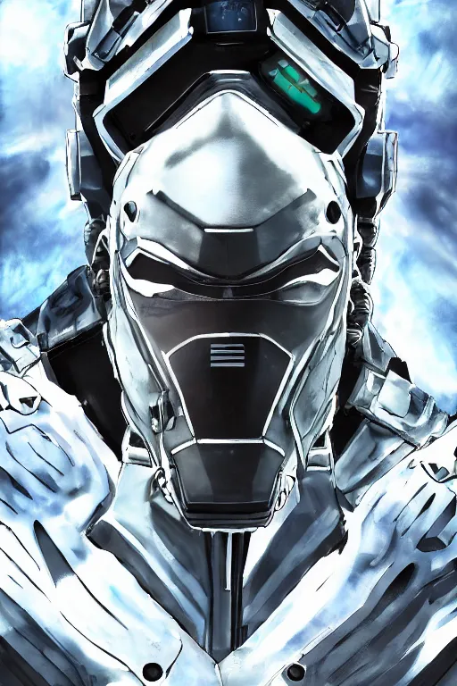 Image similar to cyber cyborg ninja mask helmet metal gear solid artic suit swat commando, global illumination ray tracing hdr fanart arstation by sung choi and eric pfeiffer and gabriel garza and casper konefal, a spectacular view cinematic rays of sunlight comic book illustration, by john kirby