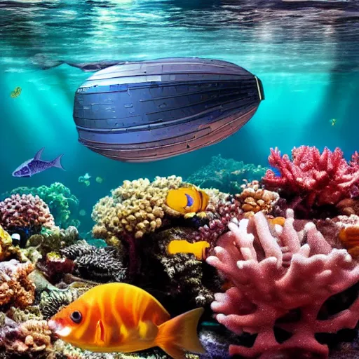 Image similar to a spaceship in water surrounded by fish and coral reef