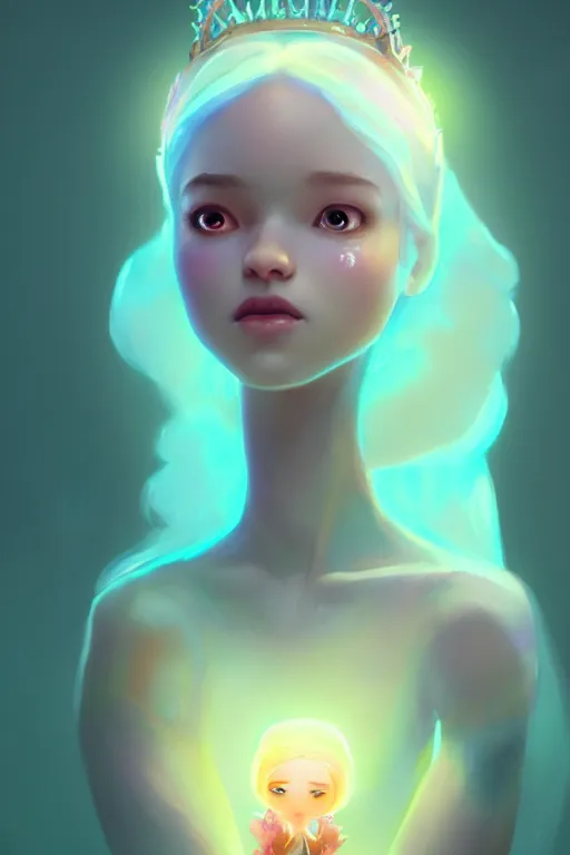 Image similar to super cute Bioluminescent Princess character concept, soft light, soft mood, realistic body features and face, illustration, painting oil on canvas by Elena Zhurikhina and Goro Fujita and Charlie Bowater, octane render trending on artstation, 4k, 8k, HD