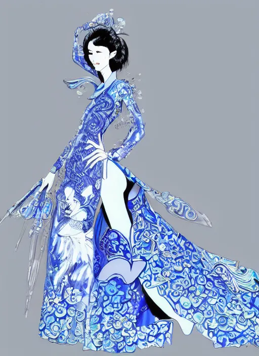 Image similar to blue qipao dress, fantasy illustration, concept art, dress design by alexander mcqueen