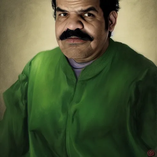 Image similar to hyper realistic, realistic - anime, portrait, beautifully rendered, luis guzman as luigi wearing green, smirking deviously, luigi, luigi's nose, painted by jan van eyck, albrecht durer, greg rutkowski, wlop, artgerm, dishonored 2,