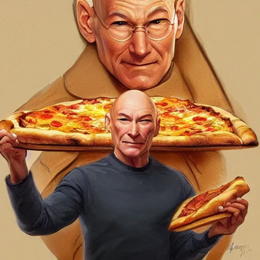 Image similar to portrait of Patrick Stewart eating pizza, highly detailed, digital painting, artstation, concept art, sharp focus, illustration, art by artgerm and greg rutkowski and alphonse mucha