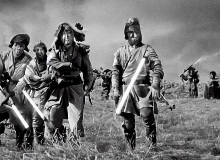 Prompt: film still of 1 6 mm 3 5 mm cinematography, kurosawa, seven samurai, hidden fortress, in the style of star wars