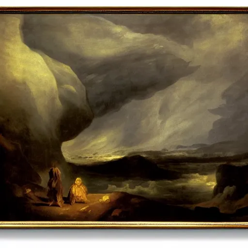 Prompt: goya the colossus painting, towering stone man, atmospheric haze, stormy, tundra, hudson river school, princess in foreground, large scale