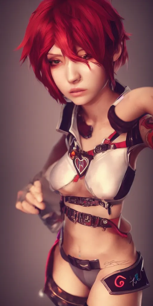 Image similar to a girl with short red hair, cool, vi from arcane, league of legends, fighter, cool red jacket, tattoo, beautiful, 3 d, potrait, art staion, studio light, closeup shot, octane render, wlop, realistic, neon