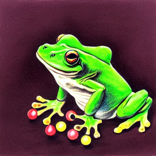 Prompt: zuma frog shooting balls from its mouth, with a colored ball on its back, surrealist pastel drawing