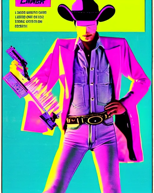 Prompt: laser disk cowboy, 1 9 8 0's magazine ad, vapor wave aesthetic