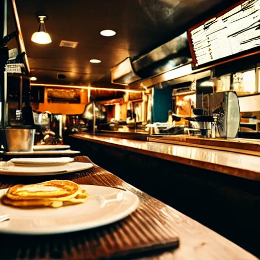 Prompt: inside of a diner serving hot pancakes, cozy lighting, late night, photo