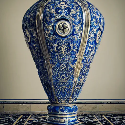 Prompt: an ornate baroque vase breaking on the marble tile floor, exploding into dust, dark - blue light - blue gold silver white black beige, volumetric dust rays, intricate detail, ultra realistic, cinematic lighting, moody, wet, shiny,