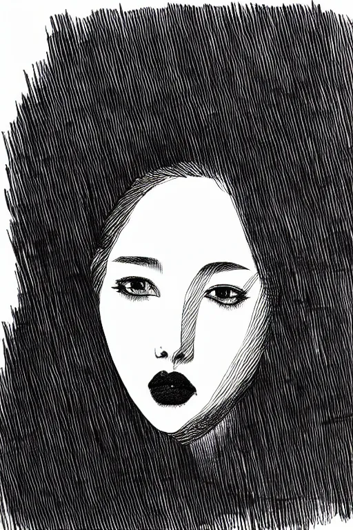 Image similar to ink lineart drawing of a beautiful woman, doll face, big lips, white background, etchings by goya, chinese brush pen, illustration, high contrast, deep black tones contour