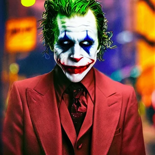 Prompt: night flash portrait photography of thejoker on the lower east side by annie leibovitz, colorful!!, nighttime!, raining!