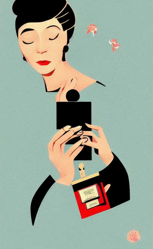 Prompt: illustration with hand holding beautiful bottle of perfume near nose, sniffing the aroma, an art deco painting by tom whalen, trending on behance, art deco, digital illustration, storybook illustration, grainy texture, flat shading, vector art, airbrush, pastel, watercolor, poster