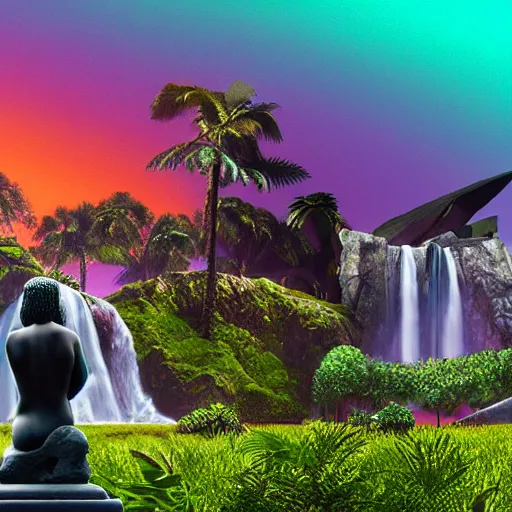 Image similar to a low-poly render of a big purple hand holding the orange setting sun on the ocean horizon. a green tinted transparent beckoning lady in front of a waterfall. a cream colored abandoned building featuring two statues and pitch black periphery. a prehistoric jungle scene with a mountain in the background.