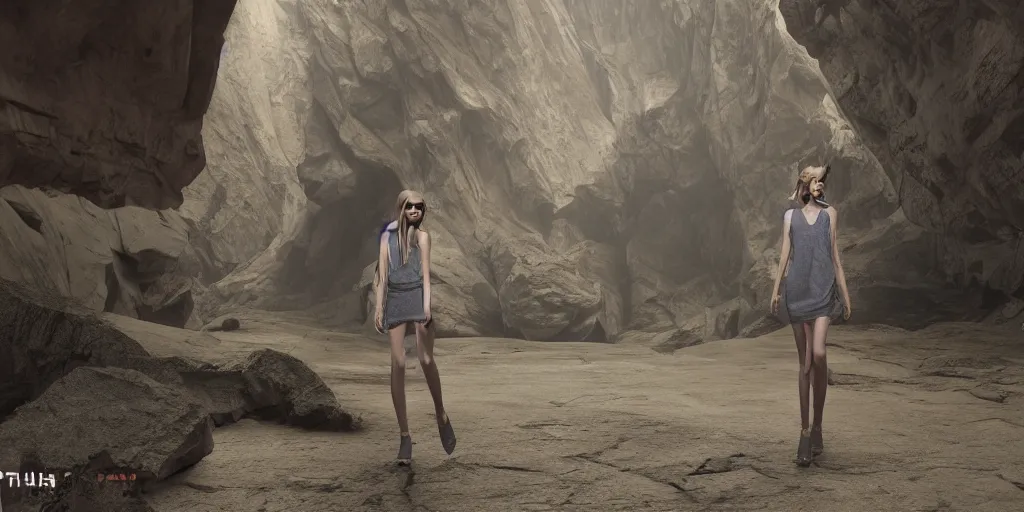 Prompt: Fashion Catwalk inside Canyon, High Quality Rendering, Octane, Redshift