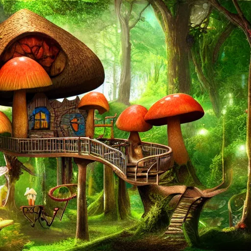 Prompt: Mushroom treehouse village, fairy, magical, mystical, realistic, 4k