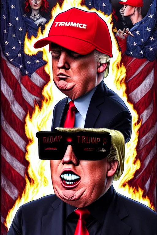 Prompt: symmetry!! full body portrait!!!! of donald trump, pretty face, decorated with red baseball hat black glasses while there's fire in a cyberpunk office environment, intricate, elegant, highly detailed, digital painting, artstation, concept art, smooth, sharp focus, illustration, art by artgerm and greg rutkowski and alphonse mucha, 8 k