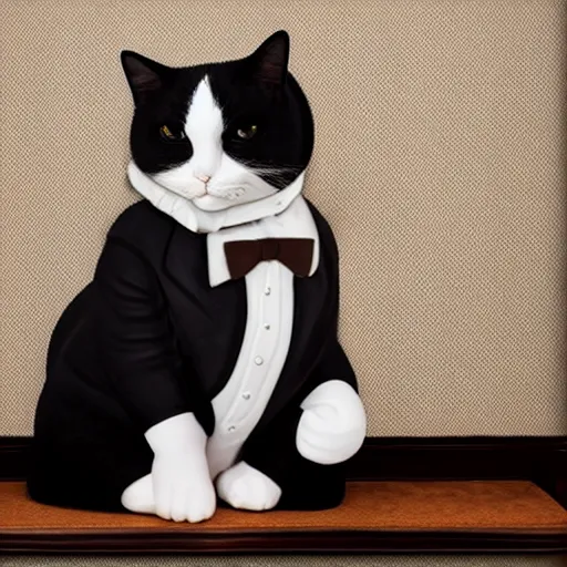 Image similar to photograph of a very fat and judgmental cat wearing a full tuxedo sitting in a dimly lit parlor lounge