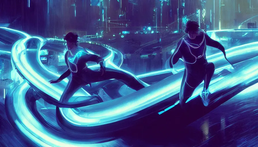 Prompt: tron legacy jesus riding waterslide, face, laughing, diffuse lighting, hyper realistic, concept art, intricate, hyper detailed, smooth, sharp focus, illustration, trending on artstation, art by greg rutkowski and james gurney and alphonse mucha