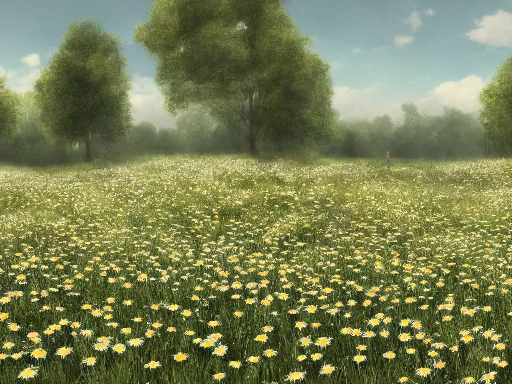 Prompt: rendering of a scene with a meadow full of daisies, matte painting