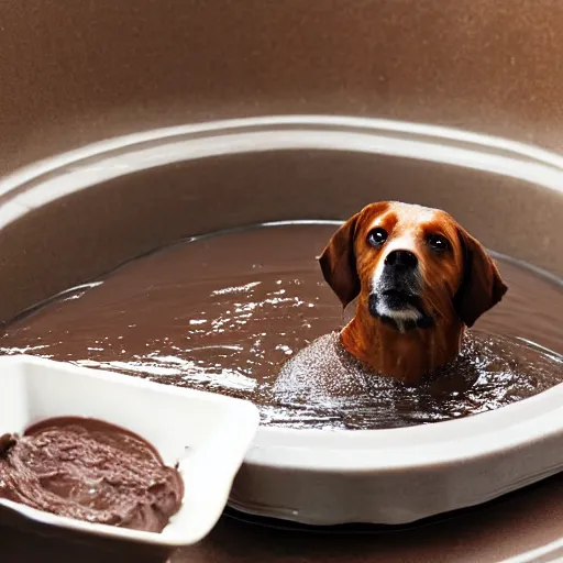 Prompt: photo of dog swimming inside tub of chocolate pudding