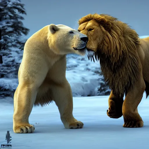 Image similar to A Polar Bear fighting an Male Lion, artstation, 4k detailed