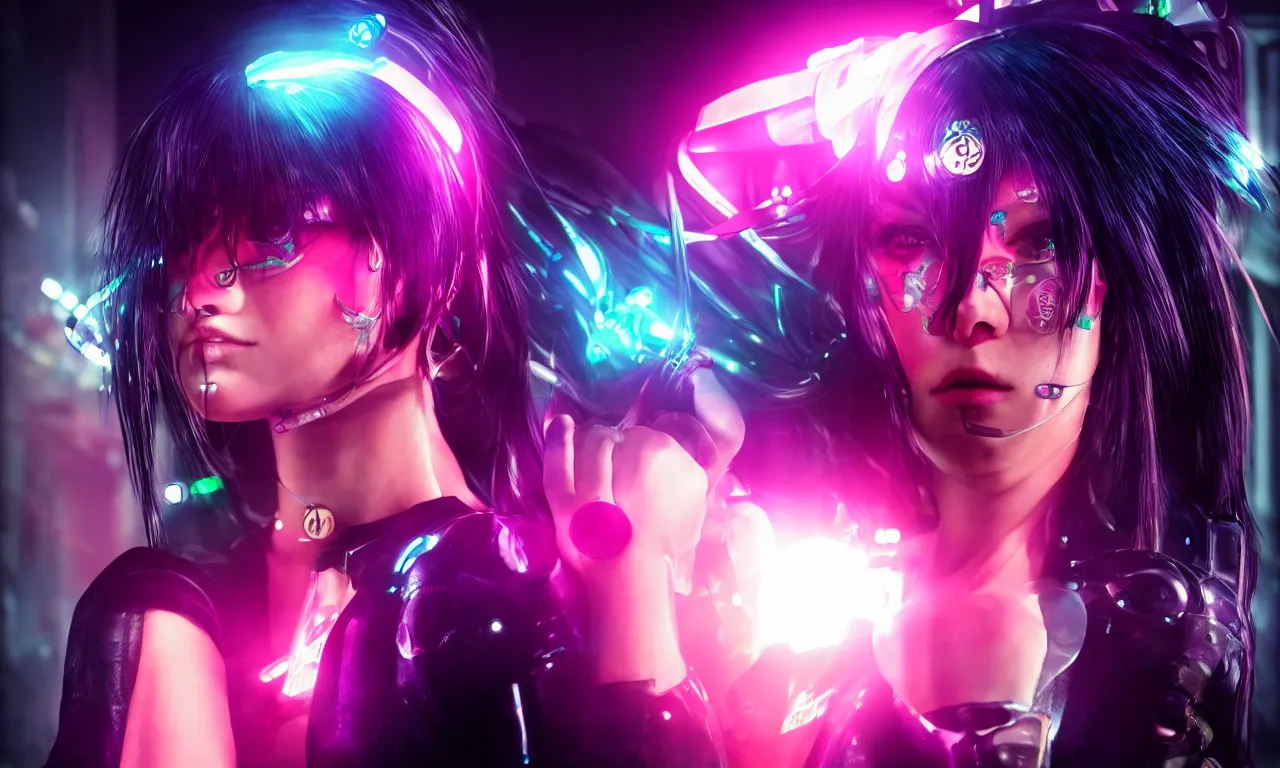 Image similar to neon cyberpunk sailor moon with arm tattoos, 1 / 4 headshot, cinematic lighting, dystopian scifi gear, gloomy, profile picture,