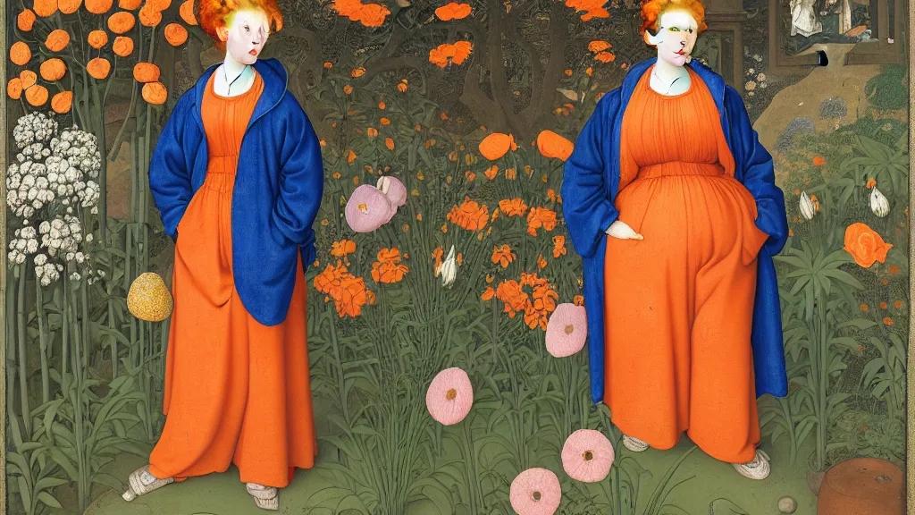 Prompt: portrait of a curvy woman with orange hair buns, wearing a blue raincoat and baggy jeans, standing in a garden full of plants and flowers, intricate details, high detail, in the style of rogier van der weyden and jacopo da pontormo, punk, asian art,