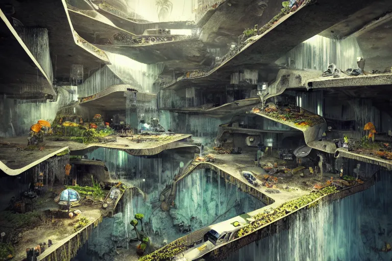 Image similar to favela bunker spaceship colony hive, brutalist waterfall environment, industrial factory, whimsical, award winning art, epic dreamlike fantasy landscape, ultra realistic,