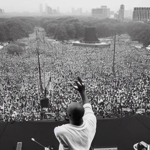 Image similar to vintage photograph of Kanye West speaking at the Million Man March, Sigma 40mm, portrait, black and white