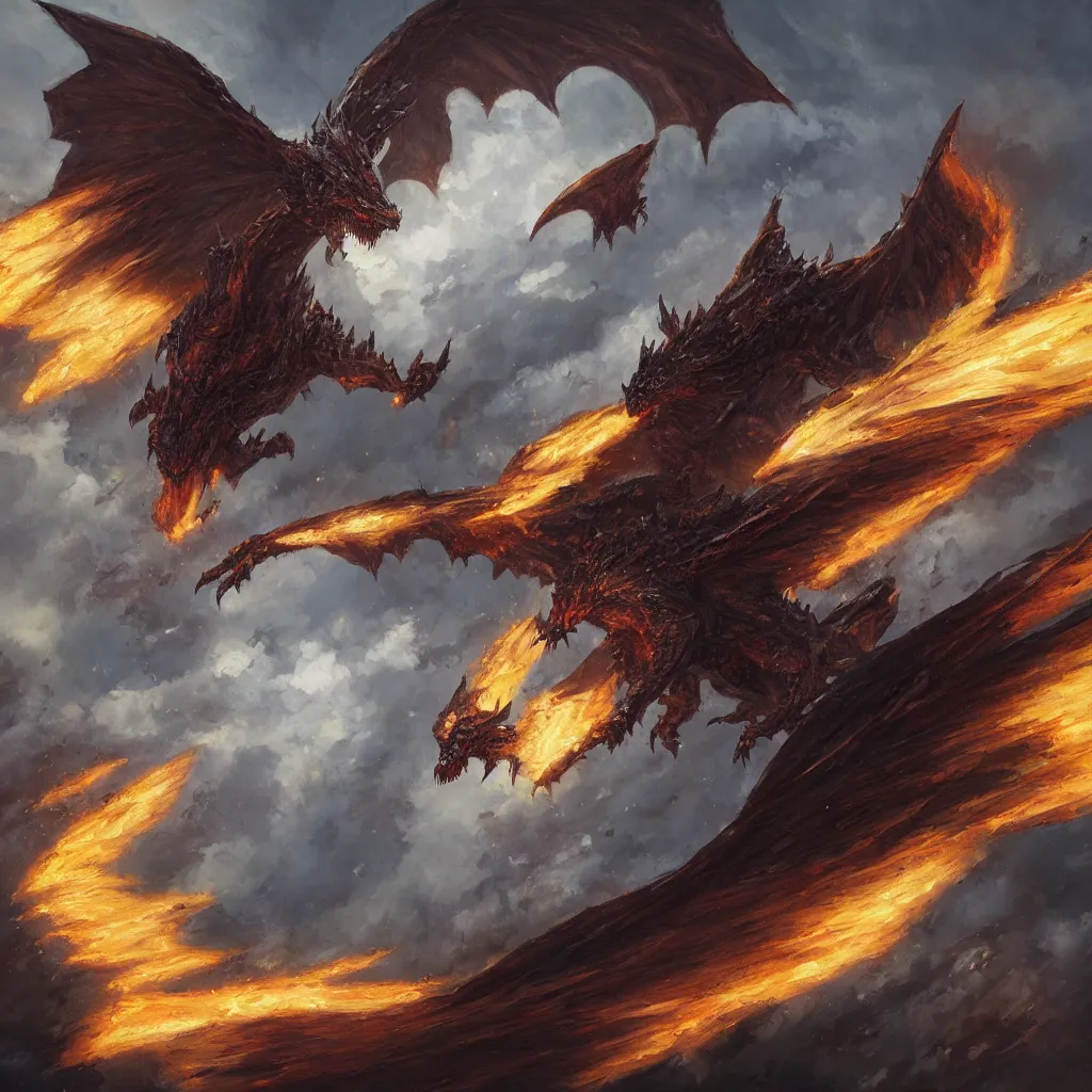 Image similar to oil painting of one deathwing dragon flying down on earth by greg rutkowski, closed up view