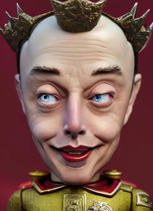 Image similar to closeup face profile portrait of tin toy elon musk as a fairytale prince wearing a crown eating cakes, depth of field, zeiss lens, detailed, symmetrical, centered, fashion photoshoot, by nicoletta ceccoli, mark ryden, lostfish, breathtaking, 8 k resolution, extremely detailed, beautiful, establishing shot, artistic, hyperrealistic, octane render