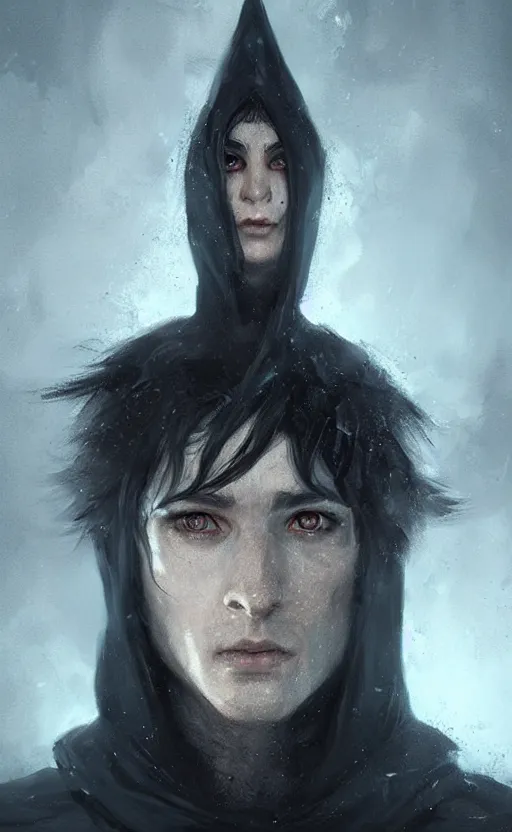 Image similar to Portrait of an elf in a black cloak, black hair, glowing eyes, male, detailed face, fantasy, highly detailed, cinematic lighting, digital art painting by greg rutkowski