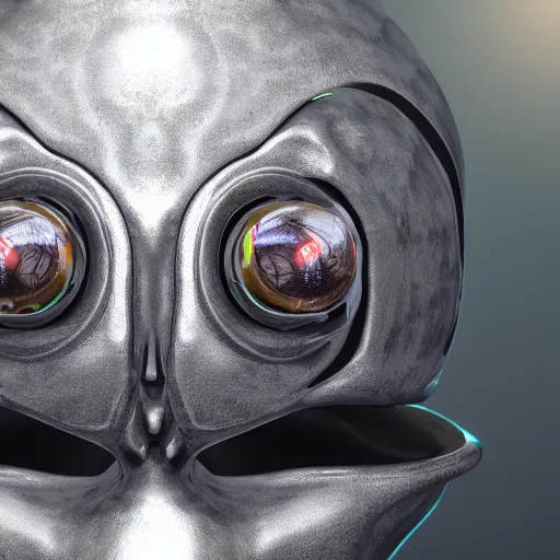 Image similar to a cyborg synthesizer alien face closeup, fisheye lens, detailed unreal engine 5 render