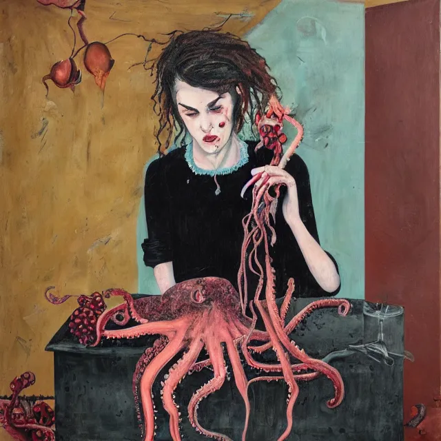 Image similar to empty room with black walls, a portrait of a female pathologist holding an octopus, wilted flowers, pomegranate, berry juice dripping, neo - expressionism, surrealism, acrylic and spray paint and oilstick on canvas