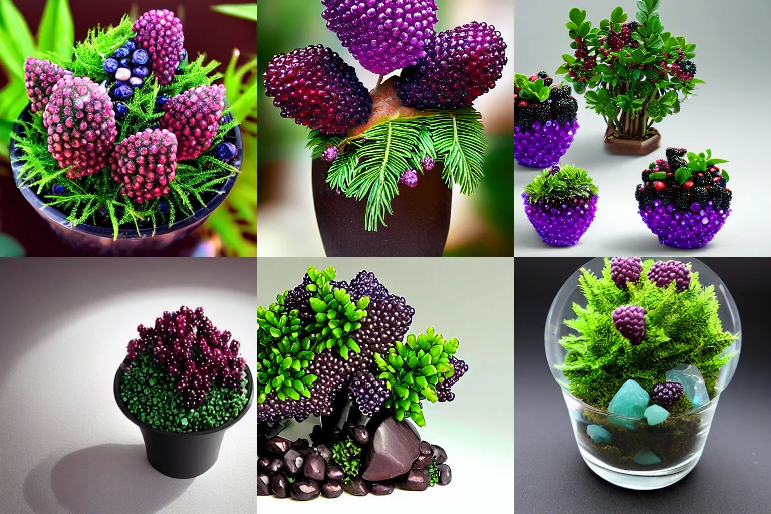 Prompt: crystals shaped like exotic berry shrubbery, potted plant made of gemstones