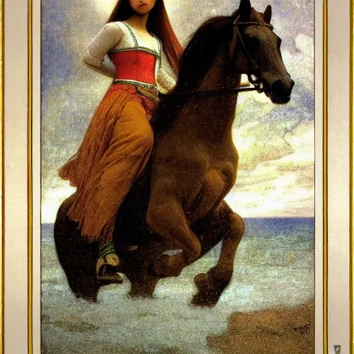 Prompt: Girl riding a horse leaving the castle through the bridge, thunderstorm, beach and palm trees on the background major arcana sky, by paul delaroche, alphonse mucha and arnold böcklin arnold böcklin hyperrealistic 8k, very detailed