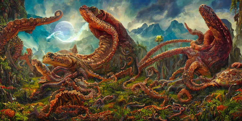 Image similar to fantasy oil painting, great leviathan, cybernetic turtle cephalopod terrapin reptilian pachyderm squid, bella hadid, hybrid, milla jovovich, anubis, epic natural light, lush plants flowers, spectacular mountains, bright clouds, luminous sky, outer worlds, golden hour, michael cheval, edward hopper, michael whelan, vray, hd